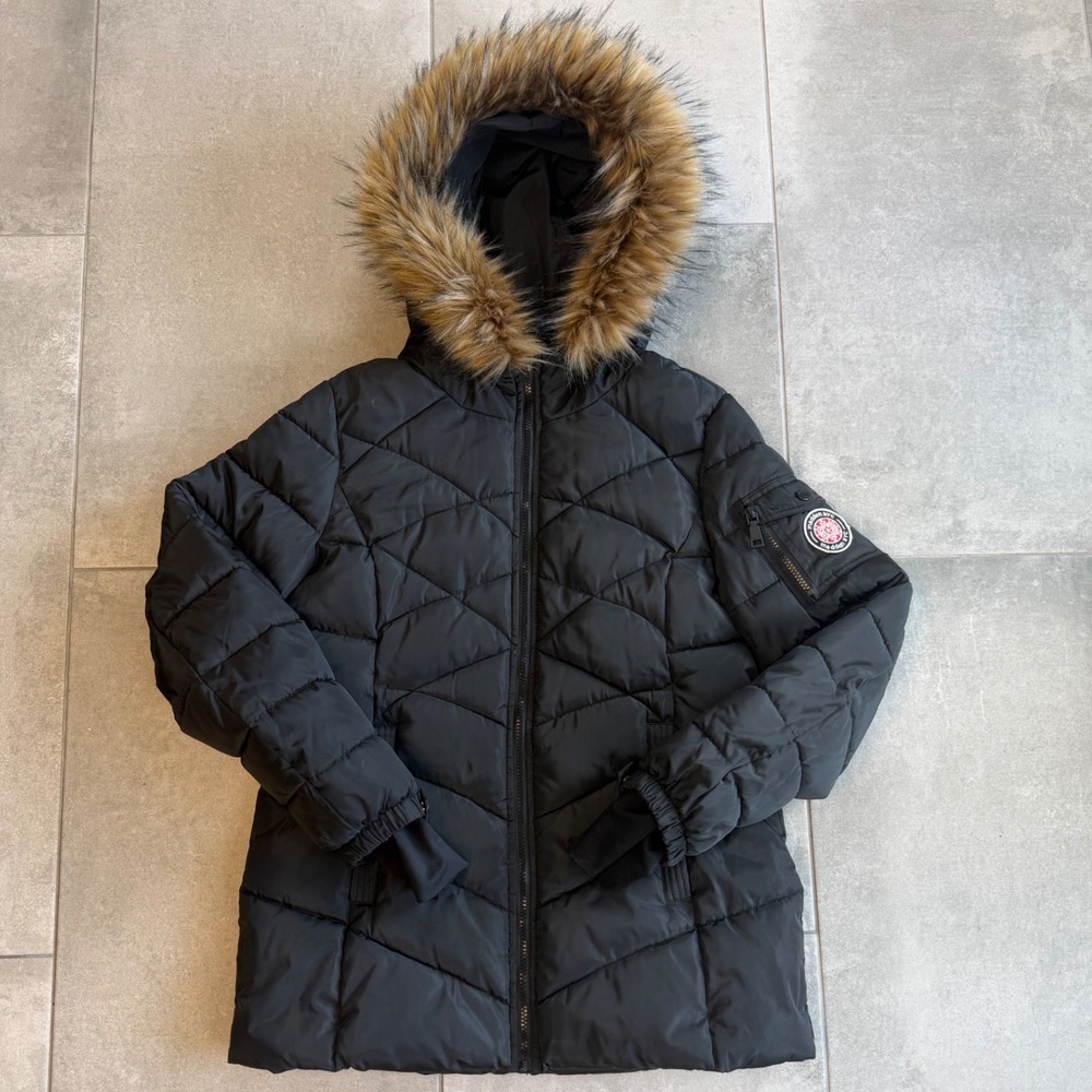 Madden NYC Womens Black Quilted Puffer Jacket Faux Fur Hood Size Medium